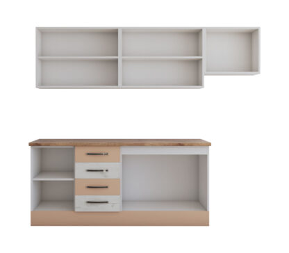 Bucatarie Alfa cu blat termic si vitrina, 240x210x60 cm, alb murdar/cappuccino - imagine 5