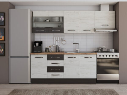 Bucatarie Alfa cu blat termic si vitrina, 240x210x60 cm, alb murdar/wenge