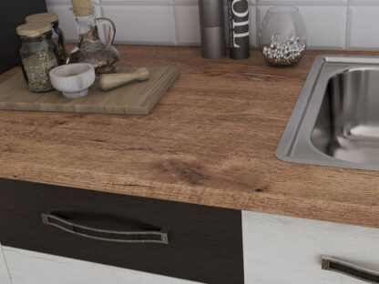 Bucatarie Alfa cu blat termic si vitrina, 240x210x60 cm, alb murdar/wenge - imagine 3