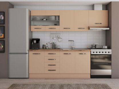 Bucatarie Alfa cu blat termic si vitrina, 240x210x60 cm, cappuccino