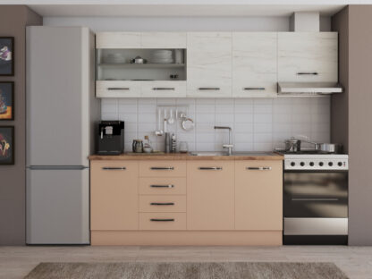 Bucatarie Alfa cu blat termic si vitrina, 240x210x60 cm, cappuccino/alb murdar