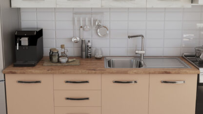 Bucatarie Alfa cu blat termic si vitrina, 240x210x60 cm, cappuccino/alb murdar - imagine 2