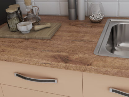 Bucatarie Alfa cu blat termic si vitrina, 240x210x60 cm, cappuccino/alb murdar - imagine 3