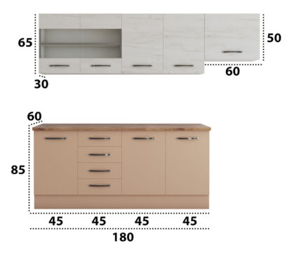 Bucatarie Alfa cu blat termic si vitrina, 240x210x60 cm, cappuccino/alb murdar - imagine 4