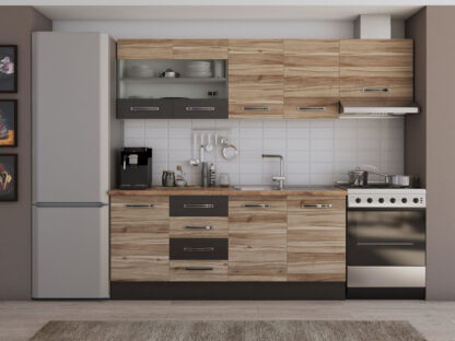 Bucatarie Alfa cu blat termic si vitrina, 240x210x60 cm, lyon/wenge