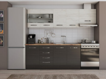 Bucatarie Alfa cu blat termic si vitrina, 240x210x60 cm, wenge/alb murdar