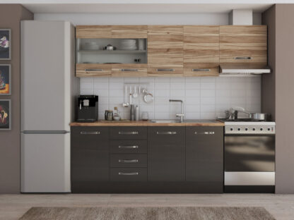 Bucatarie Alfa cu blat termic si vitrina, 240x210x60 cm, wenge/lyon