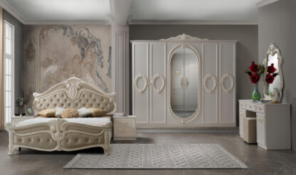 Dormitor Neli, Crem, Pat 180x200 cm, Dulap cu 6 usi, Comoda, 2 Noptiere