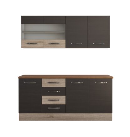 Bucatarie Alfa cu vitrina 180 cm, wenge / sonoma, blat termic nuc - imagine 5