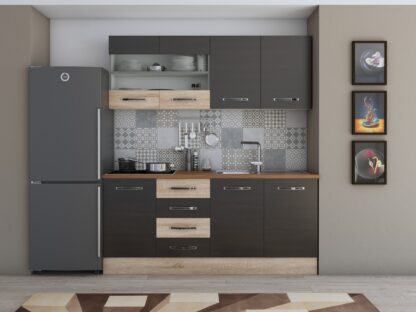 Bucatarie Alfa cu vitrina 180 cm, wenge / sonoma, blat termic nuc - imagine 2