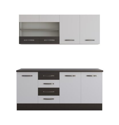 Bucatarie Alfa cu vitrina 180 cm, alb / wenge, blat termic wenge - imagine 5
