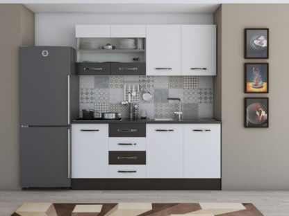 Bucatarie Alfa cu vitrina 180 cm, alb / wenge, blat termic wenge - imagine 2