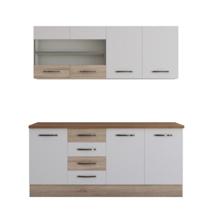 Bucatarie Alfa cu vitrina 180 cm, alb / sonoma, blat termic nuc - imagine 5