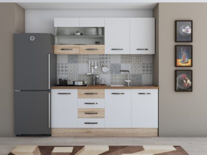 Bucatarie Alfa cu vitrina 180 cm, alb / sonoma, blat termic nuc - imagine 2