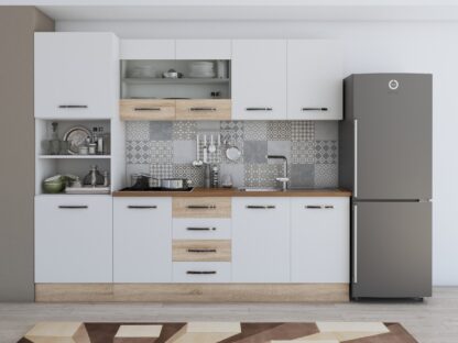 Bucatarie Alfa 240 cm, alb/sonoma, blat termic nuc, corp inalt cuptor - imagine 3
