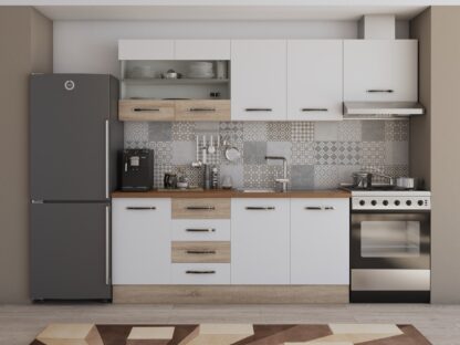 Bucatarie Alfa cu vitrina si blat termic nuc, alb / sonoma, 240x210x60 cm - imagine 2