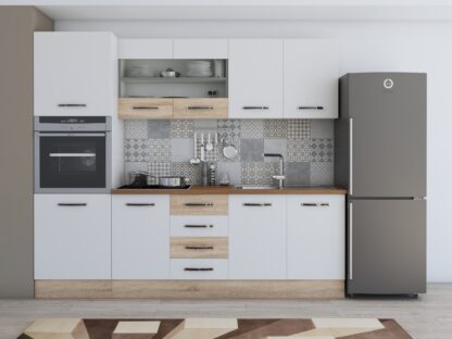 Bucatarie Alfa 240 cm, alb/sonoma, blat termic nuc, corp inalt cuptor - imagine 2