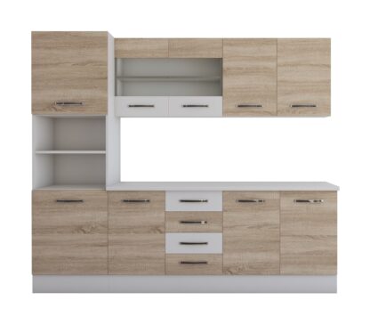 Bucatarie Alfa 240 cm, sonoma/alb, blat termic alb, corp inalt cuptor - imagine 4