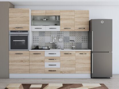 Bucatarie Alfa 240 cm, sonoma/alb, blat termic alb, corp inalt cuptor - imagine 2