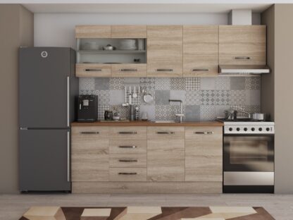 Bucatarie Alfa cu vitrina si blat termic nuc, sonoma, 240x210x60 cm - imagine 2