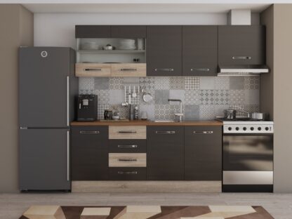 Bucatarie Alfa cu vitrina si blat termic nuc, wenge / sonoma, 240x210x60 cm - imagine 2