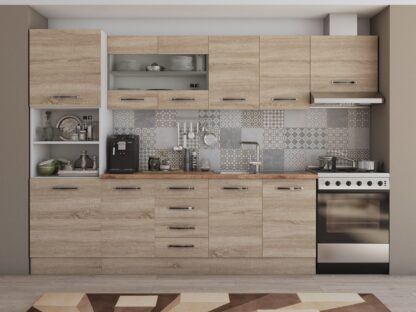 Bucatarie Alfa 300 cm, sonoma, blat termic nuc, corp inalt cuptor si corp hota - imagine 2