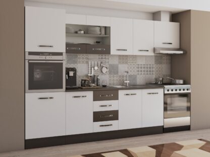 Bucatarie Alfa 300 cm, alb / wenge, blat termic wenge, corp inalt cuptor si corp hota