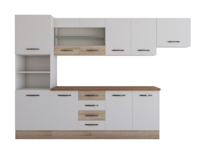 Bucatarie Alfa 300 cm, alb / sonoma, blat termic nuc, corp inalt cuptor si corp hota - imagine 6