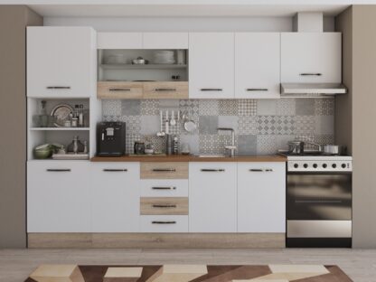 Bucatarie Alfa 300 cm, alb / sonoma, blat termic nuc, corp inalt cuptor si corp hota - imagine 2