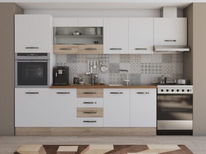 Bucatarie Alfa 300 cm, alb / sonoma, blat termic nuc, corp inalt cuptor si corp hota - imagine 3