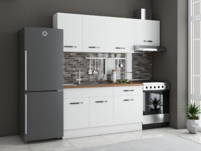 Bucatarie Sofia 200 cm, alb, blat termic nuc, corp hota