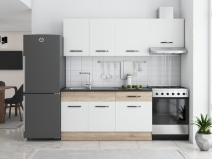 Bucatarie Sofia 200 cm, alb / sonoma, blat termic wenge, corp hota - imagine 2