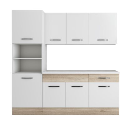 Bucatarie Sofia 200 cm, alb / sonoma, blat termic alb, corp cuptor incorporabil - imagine 5