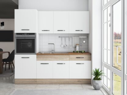 Bucatarie Sofia 200 cm, alb / sonoma, blat termic nuc, corp cuptor incorporabil - imagine 2