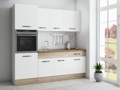 Bucatarie Sofia 200 cm, alb / sonoma, blat termic nuc, corp cuptor incorporabil
