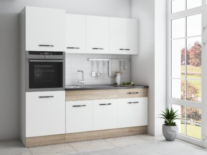 Bucatarie Sofia 200 cm, alb / sonoma, blat termic wenge, corp cuptor incorporabil