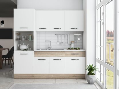 Bucatarie Sofia 200 cm, alb / sonoma, blat termic alb, corp cuptor incorporabil - imagine 3