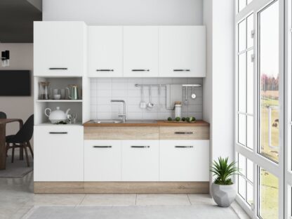 Bucatarie Sofia 200 cm, alb / sonoma, blat termic nuc, corp cuptor incorporabil - imagine 3