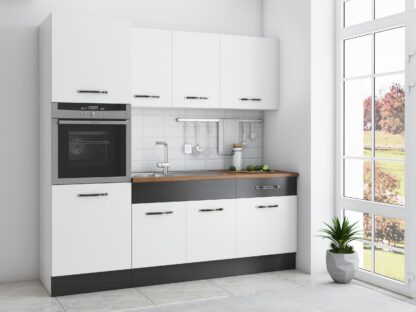 Bucatarie Sofia 200 cm, alb / wenge, blat termic nuc, corp cuptor incorporabil