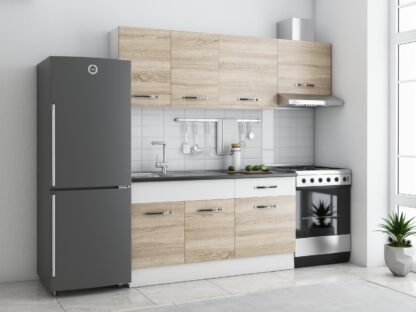 Bucatarie Sofia 200 cm, sonoma / alb, blat termic wenge, corp hota