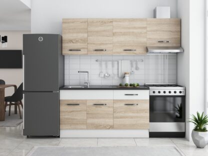 Bucatarie Sofia 200 cm, sonoma / alb, blat termic wenge, corp hota - imagine 2