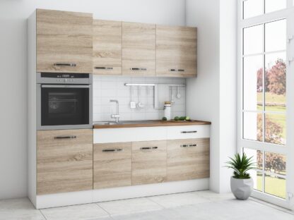 Bucatarie Sofia 200 cm, sonoma / alb, blat termic nuc, corp cuptor incorporabil