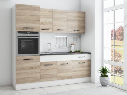 Bucatarie Sofia 200 cm, sonoma / alb, blat termic wenge, corp cuptor incorporabil