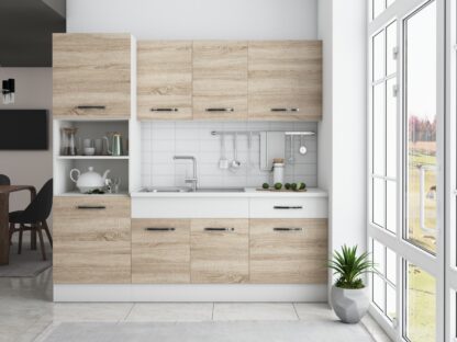 Bucatarie Sofia 200 cm, sonoma / alb, blat termic alb, corp cuptor incorporabil - imagine 3