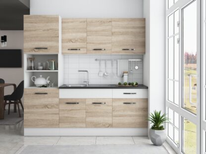 Bucatarie Sofia 200 cm, sonoma / alb, blat termic wenge, corp cuptor incorporabil - imagine 3