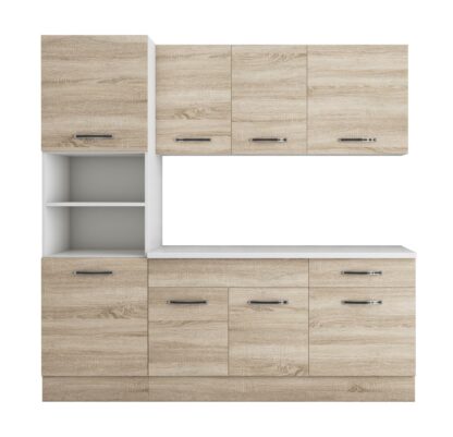 Bucatarie Sofia 200 cm, sonoma, blat termic alb, corp cuptor incorporabil - imagine 6