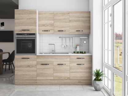 Bucatarie Sofia 200 cm, sonoma, blat termic alb, corp cuptor incorporabil - imagine 2