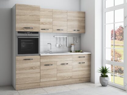Bucatarie Sofia 200 cm, sonoma, blat termic alb, corp cuptor incorporabil