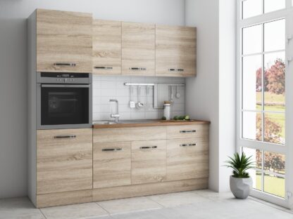Bucatarie Sofia 200 cm, sonoma, blat termic nuc, corp cuptor incorporabil