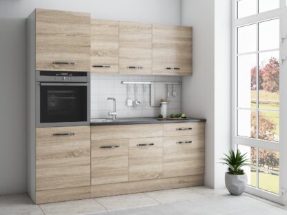 Bucatarie Sofia 200 cm, sonoma, blat termic wenge, corp cuptor incorporabil